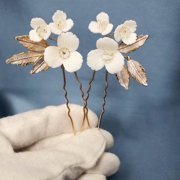 3pcs Set Bridal headpiece Hairpiece gold comb floral feminine white Flower metal - Picture 3 of 3